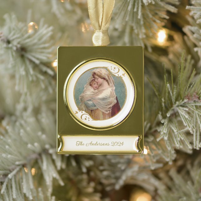 Blessed  Mary Baby Jesus Religious Christmas Gold Plated Banner Ornament (Tree)