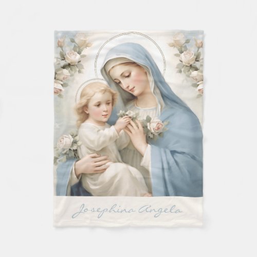Blessed Mary Jesus Floral Religious  Fleece Blanket
