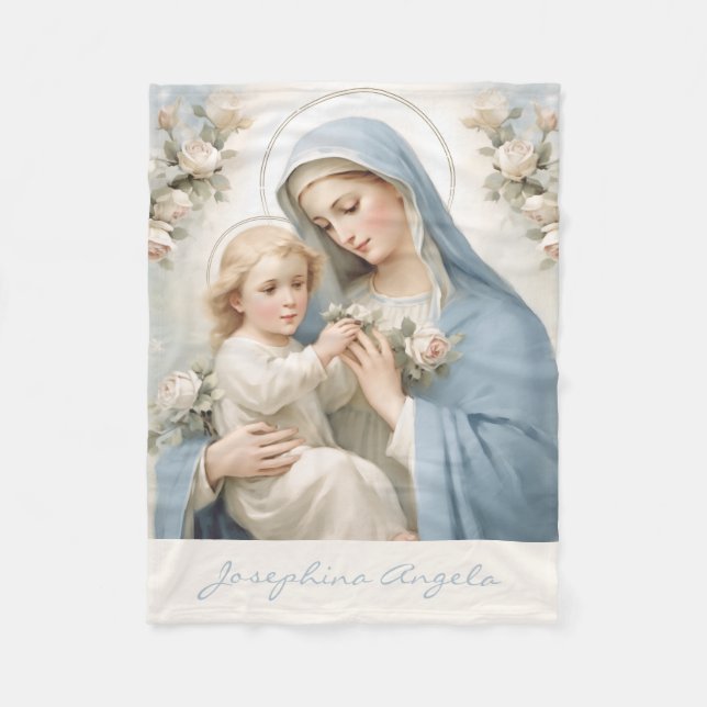 Blessed Mary Jesus Floral Religious  Fleece Blanket (Front)