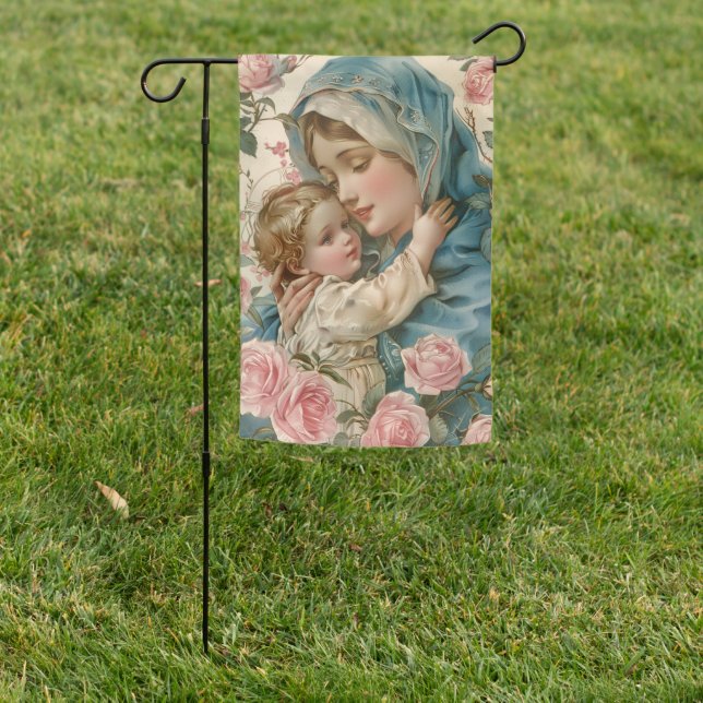 Blessed Mary with Jesus Roses Religious Garden Flag (In SItu)