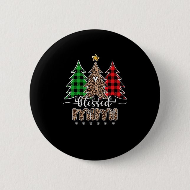Blessed Mimi Leopard Christmas Pine Tree Red Plaid Button (Front)