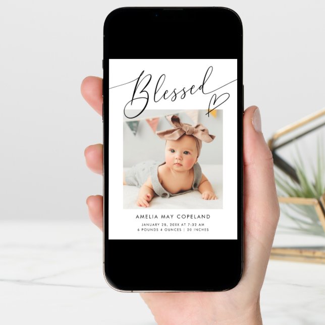 Blessed Minimalist Heart Baby Photo Birth Announcement (Front Digital)