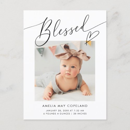 Blessed Minimalist Heart Baby Photo Birth Announcement Postcard