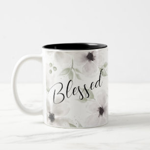 Blessed Modern Black White Watercolor Floral Faith Two-Tone Coffee Mug