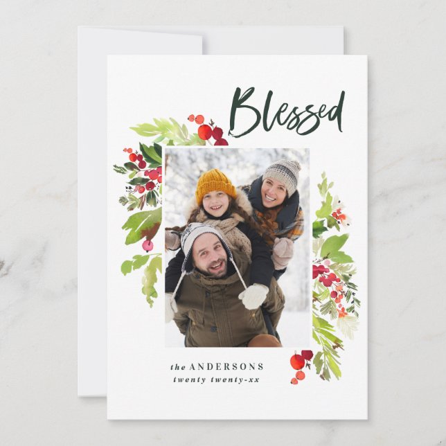 Blessed modern red green foliage photo christmas holiday card (Front)