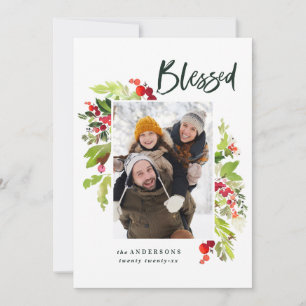 Blessed modern red green foliage photo christmas holiday card