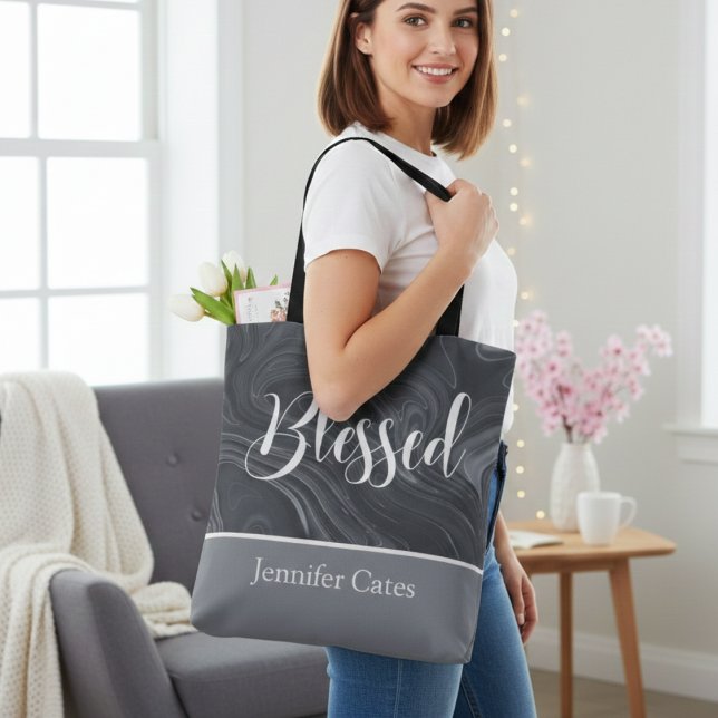 Blessed Modern Script Personalized Tote Bag (Blessed Modern Script Personalized Tote Bag in Faux Marble Gray and White.)