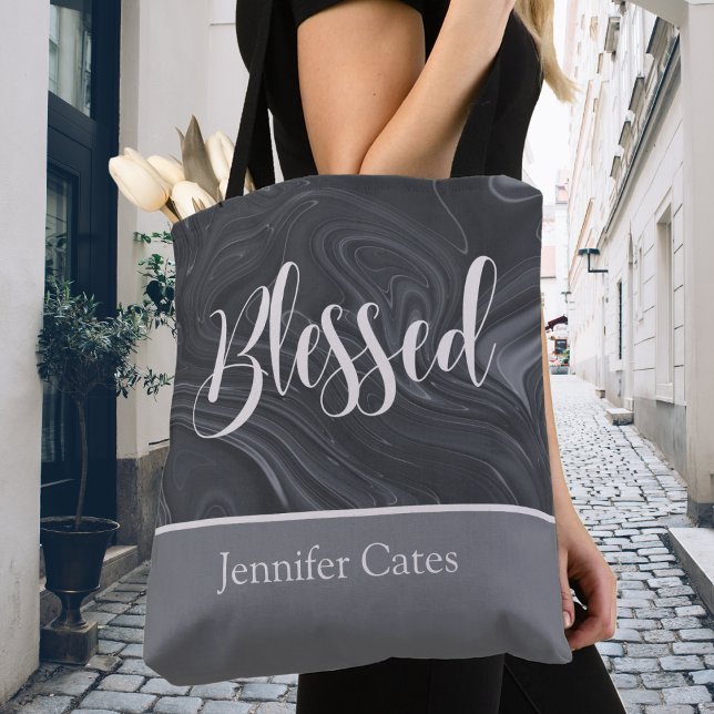 Blessed Modern Script Personalized Tote Bag (Blessed Modern Script Personalized Tote Bag in Faux Marble Gray and White.)