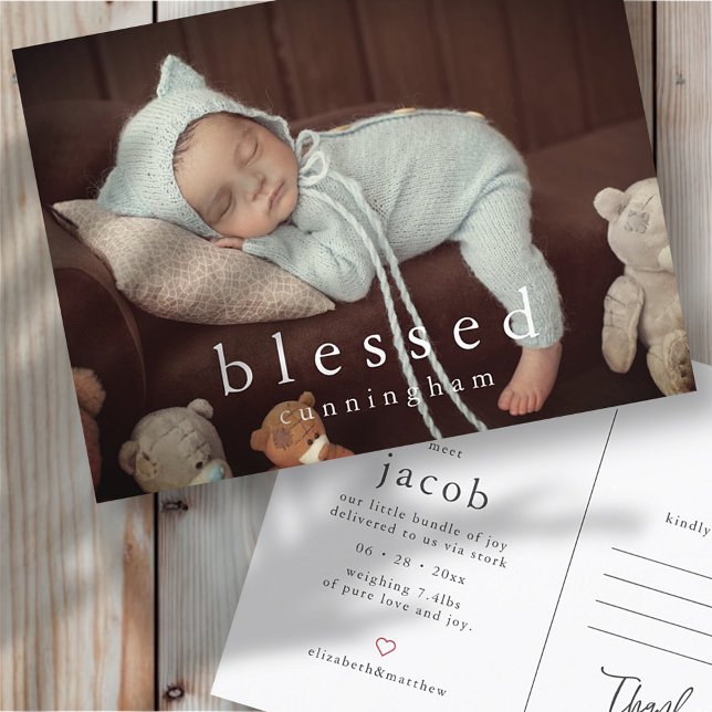 Blessed Modern Simple Chic Baby Birth Announcement Postcard (Creator Uploaded)