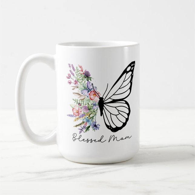 Blessed Mom Floral Butterfly  Coffee Mug (Left)