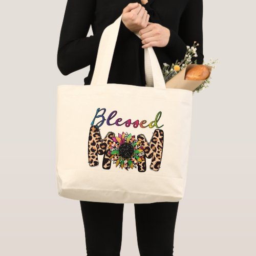 Blessed Mom Leopard Sunflower Blessed Mom Large Tote Bag