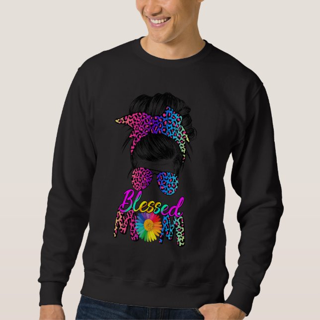 Blessed Mom Messy Bun Leopard Sunflower Mom Life M Sweatshirt (Front)