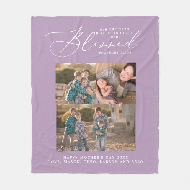 Blessed Mom Proverbs 31 Scripture 3 Photo Lilac Fleece Blanket (Front)