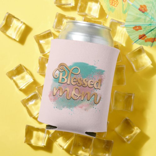 Blessed Mom Teal Pink and Gold Glitter Typography Can Cooler