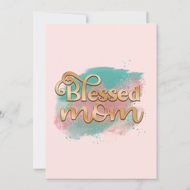 Blessed Mom Teal Pink and Gold Glitter Typography Holiday Card (Front)