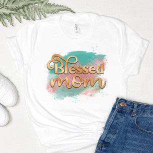 Blessed Mom Teal Pink and Gold Glitter Typography T-Shirt