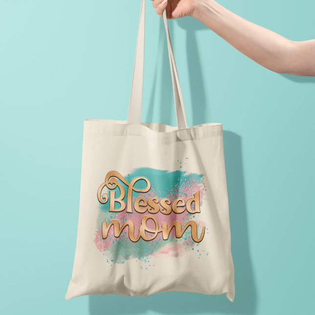Blessed Mom Teal Pink and Gold Glitter Typography Tote Bag (Creator Uploaded)