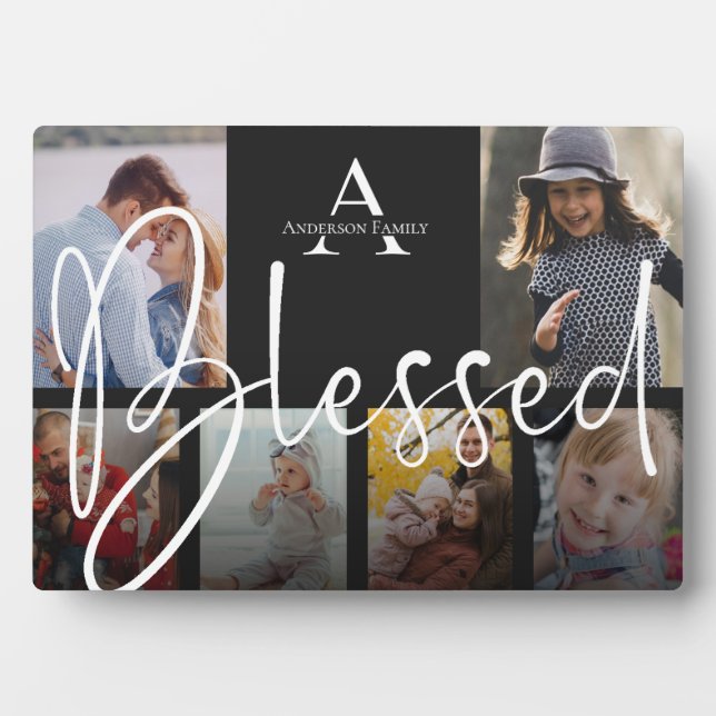 Blessed Monogram Script Family Name Photo Collage  Plaque (Front)