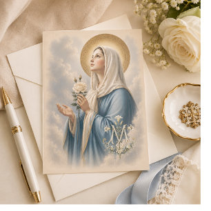 Blessed Mother Floral Marian Cross Religious Thank You Card