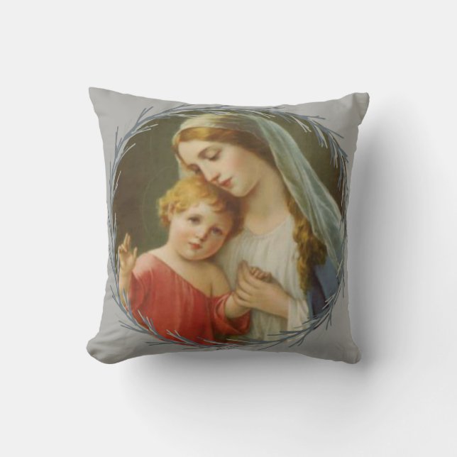 Blessed Mother holding the Baby Jesus Wreath Throw Pillow (Front)