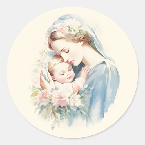 Blessed Mother Mary Baby Jesus Religious Pastel Classic Round Sticker