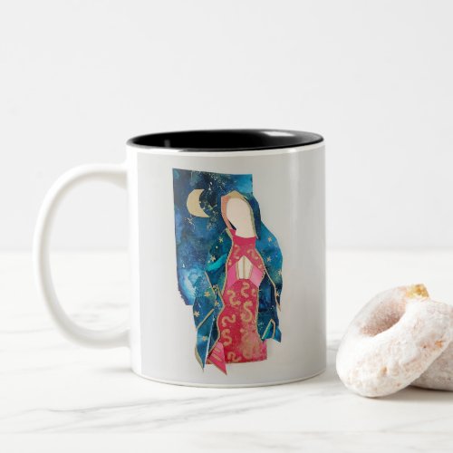 Blessed Mother Mary With Moon Painted Ink Design Two_Tone Coffee Mug