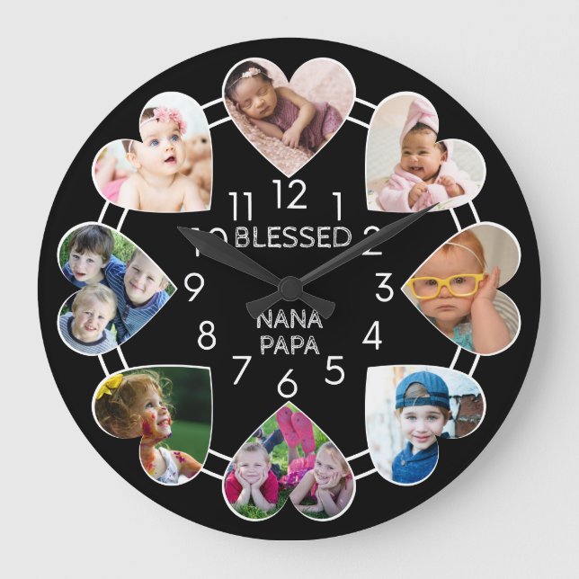 Blessed Nana Papa 8 Heart Photo Template Black Large Clock (Front)