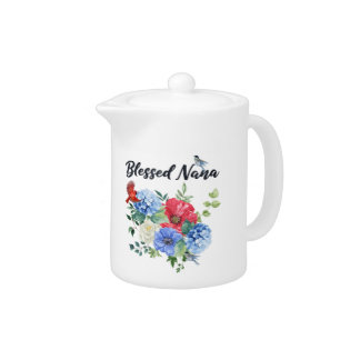Blessed Nana with Red/White/Blue Flowers & Birds Teapot