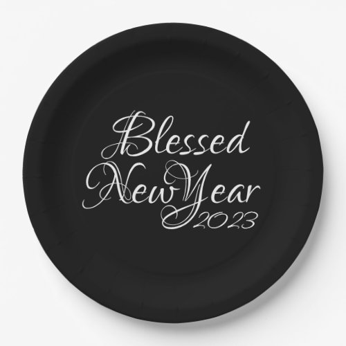 Blessed New Year Black and White Party Paper Plates