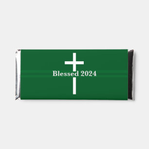 Blessed New Year Green and White Cross Christian Hershey Bar Favors