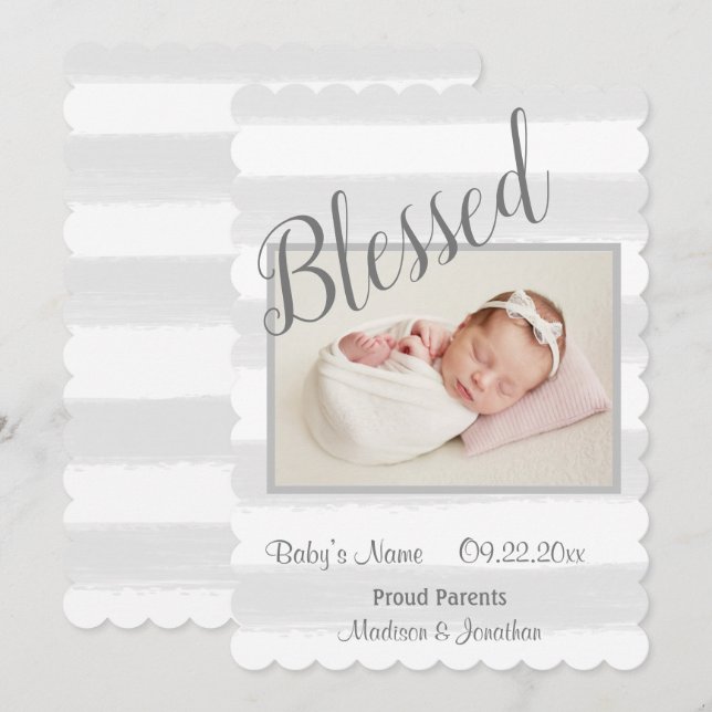 Blessed Newborn Photo Script Grey Stripe Announcement (Front/Back)