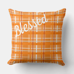 Blessed Orange Plaid Throw Pillow wtih Reverse