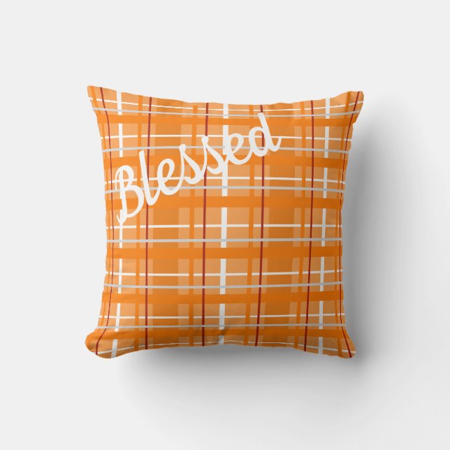 Blessed Orange Plaid Throw Pillow wtih Reverse (Front)