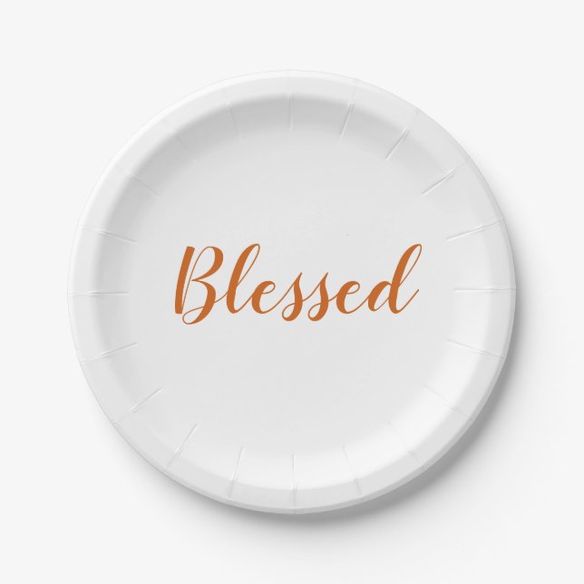 Blessed orange spice script cute thanksgiving paper plates (Front)