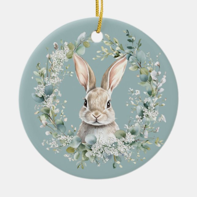 Blessed Ostara Rabbit Spring Easter Ceramic Ornament (Front)