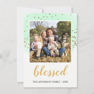 Blessed Pastel Green Gold Glitter Christmas Holiday Card
