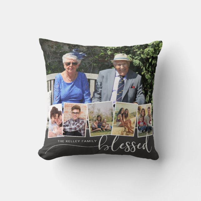 Blessed,  Personalized 6 Photo Family Collage Throw Pillow (Front)