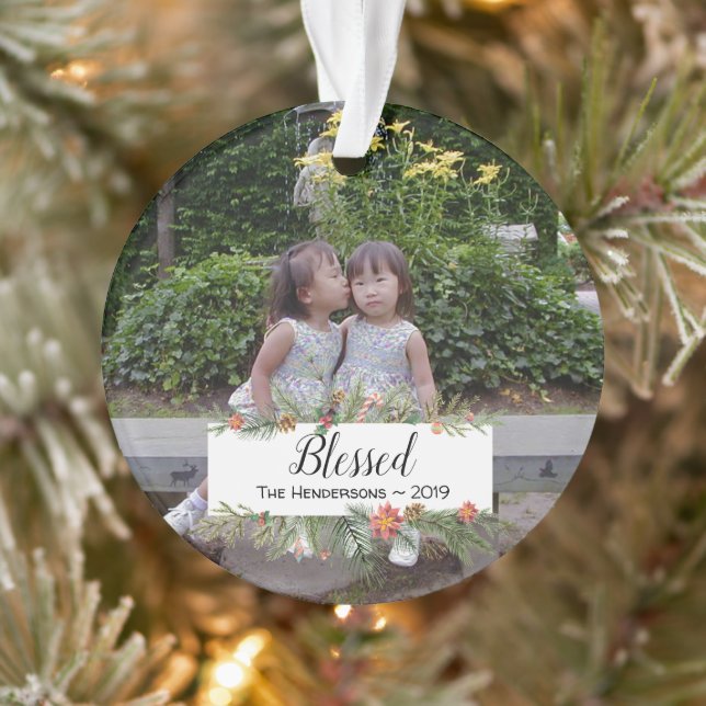 Blessed  Personalized Two Photos Winter Botanicals Ornament (Tree)