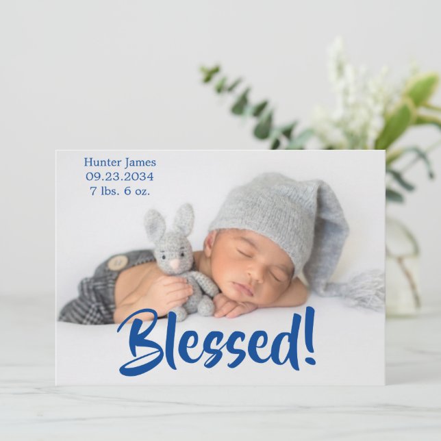 Blessed Photo Blue Script Personalized Birth Announcement (Standing Front)