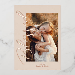 Blessed' Photo Christmas Rose Gold Foil Holiday Card