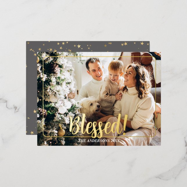 Blessed, Photo Name Gold Foil Holiday Post Card #4 (Front/Back)