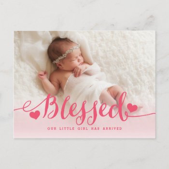 Blessed | Pink Baby Girl Birth Announcement by epclarke at Zazzle