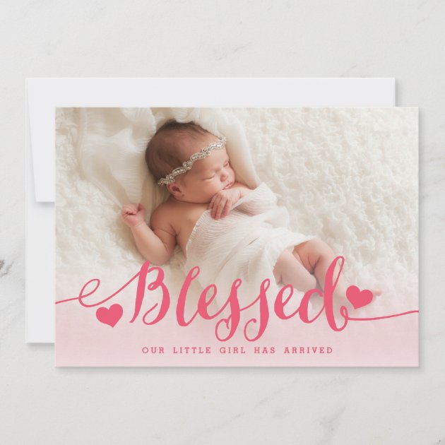 Blessed | Pink Baby Girl Photo Birth Announcement