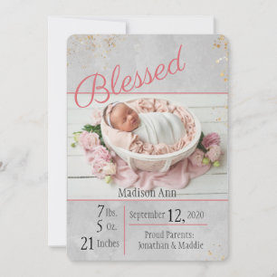 Blessed Pink l grey Baby Girl Photo Birth Announcement