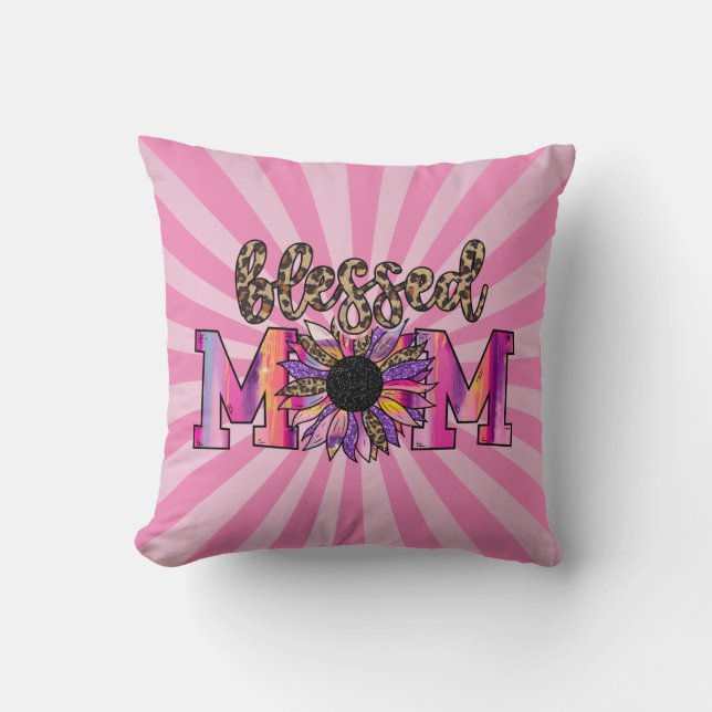 Blessed Pink Mom Floral Modern Cotton Throw Pillow (Front)