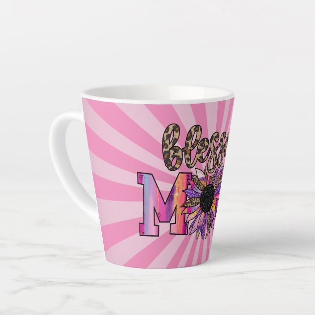 Blessed Pink Mom Floral Modern Latte Mug (Left Angle)