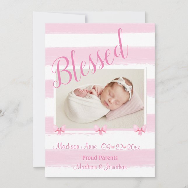 Blessed  Pink Photo Script Personalize Girly Birth Announcement (Front)