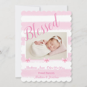 Blessed Pink Photo Script Personalize Girly Birth Announcement
