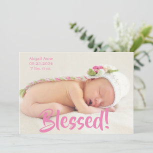 Blessed Pink Photo Script Personalized Girl Birth Announcement