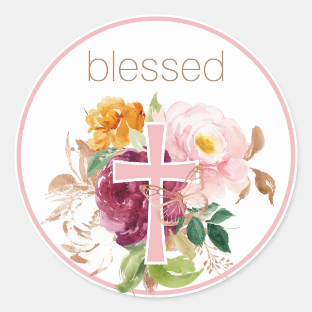 Blessed Pink Watercolor Floral Classic Round Sticker (Front)